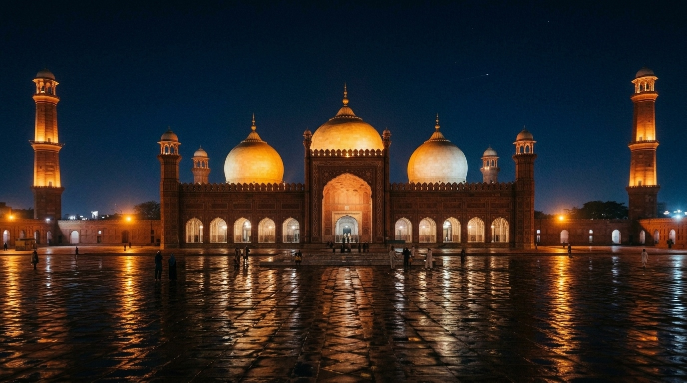 Badshahi Mosque on a rainy night in Lahore
